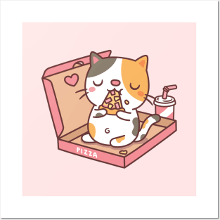 Cute Calico Cat Eating Pizza In Pizza Box Funny Posters and Art